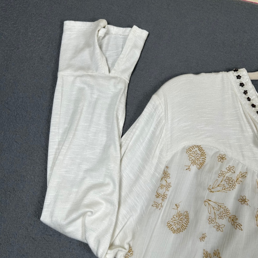 Style & Co Blouse Womens L White Gold Floral Embroidered Henley Bell Sleeve Top - Picture 5 of 7